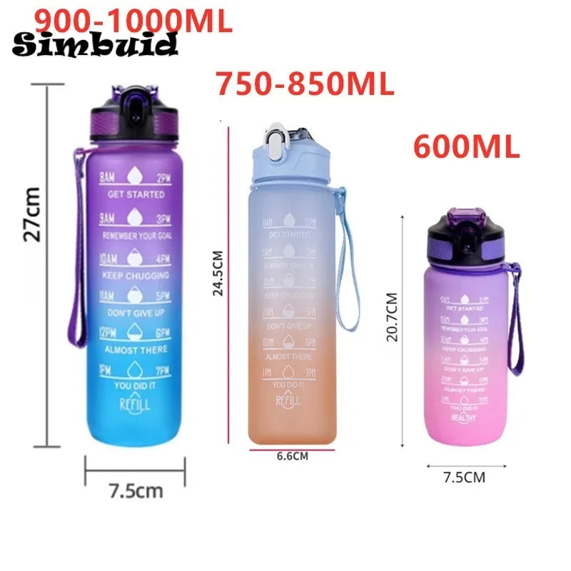 Botella de agua deportiva de 600ML con marcador de tiempo, taza a prueba de fugas, botella de agua portátil motivacional para deportes al aire libre y Fitness