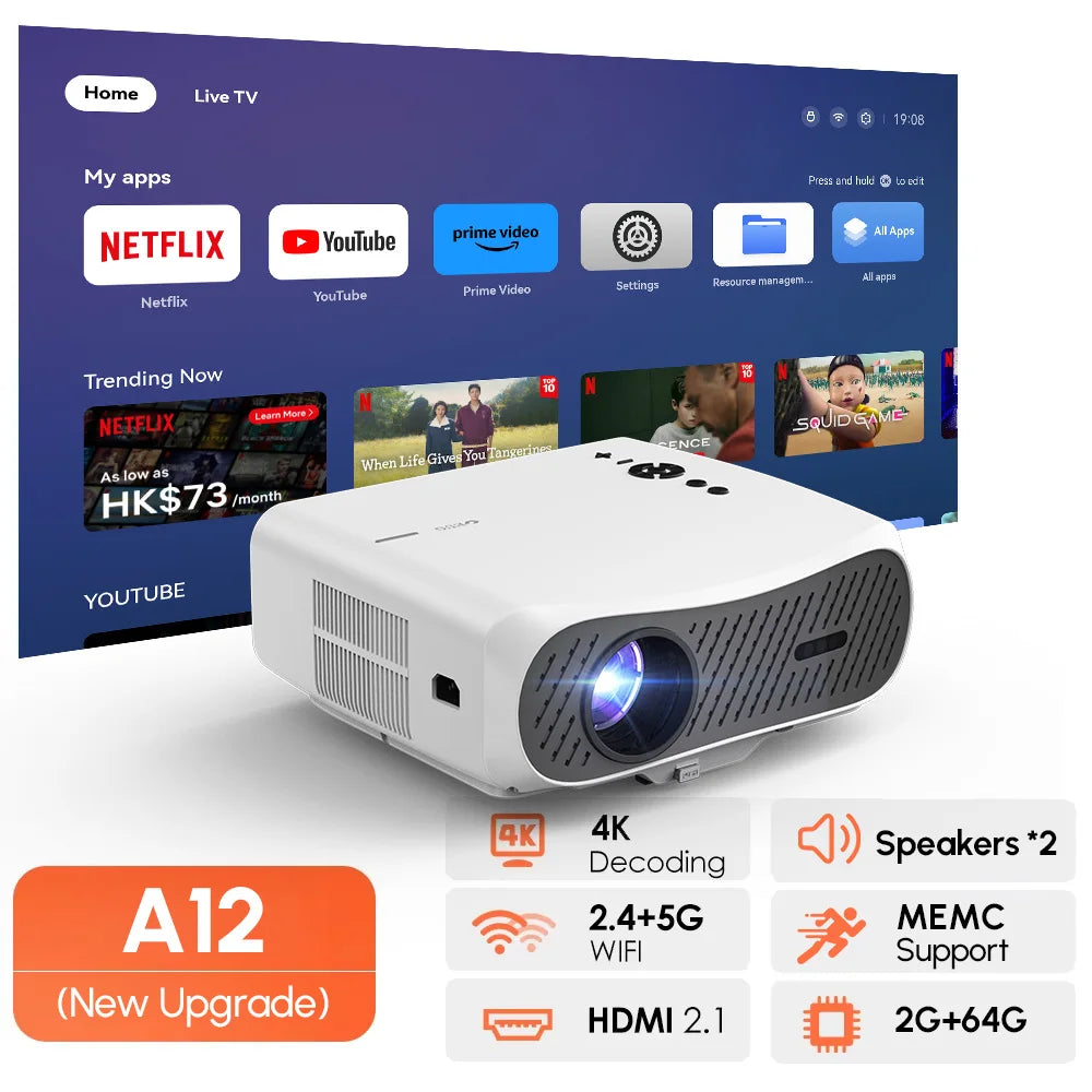 Nuevo Proyector Inteligente 4K con Netflix, Enfoque Automático, Proyector de Cine en Casa, WiFi6 5G, Bluetooth, MEMC, Proyector para Juegos y Películas, 2+64G, Dolby