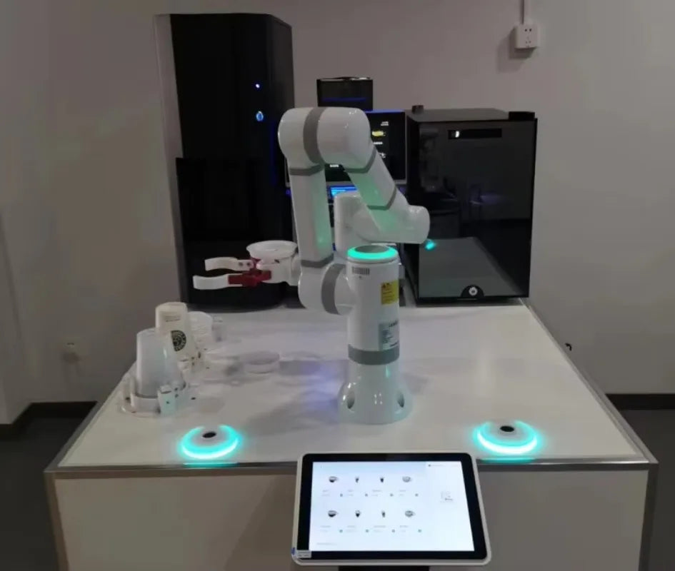 Brazo robótico para máquina de café con sensores LED y panel de control