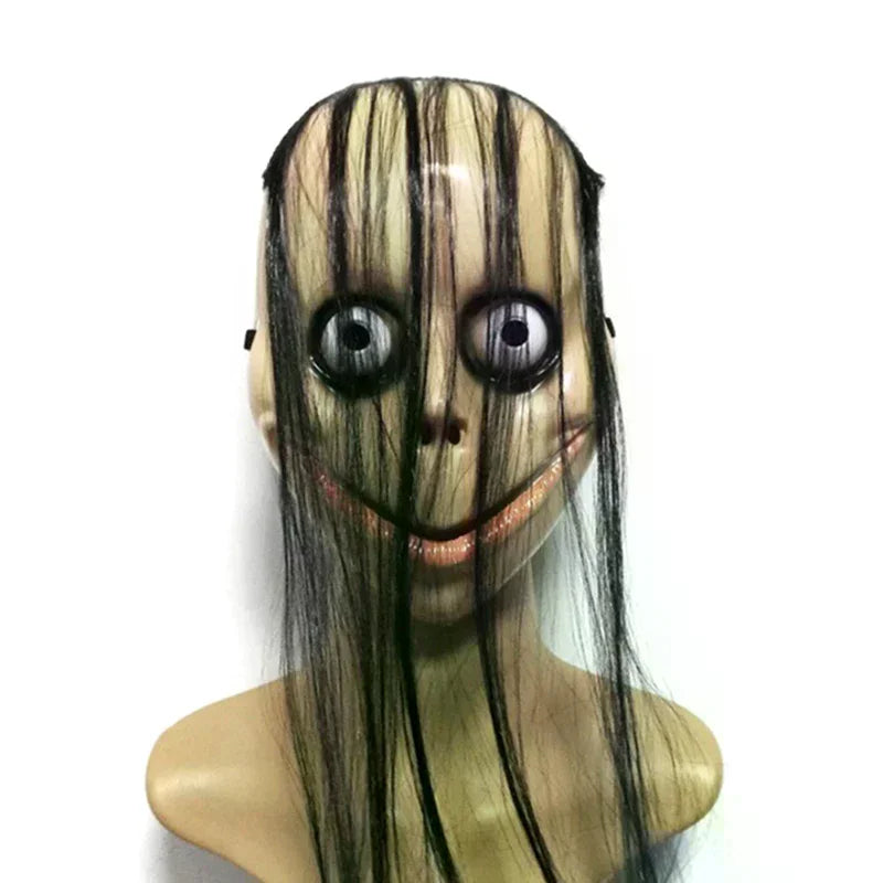 Nueva máscara de terror de Halloween con cabello largo, boca en forma de V, divertida, para juego de rol de fantasma femenino, Momo, linda