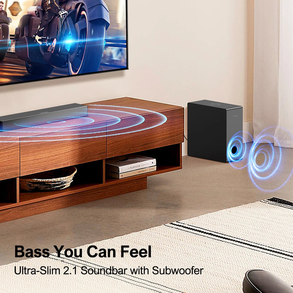Barra de sonido negra y subwoofer negro con efecto luminoso de graves alrededor.