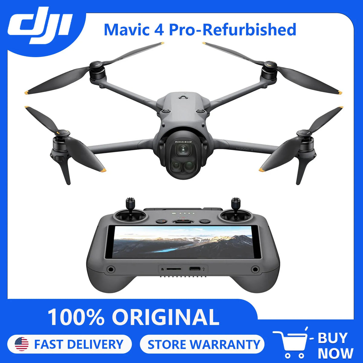Dron con hélices plegadas y mando con pantalla integrada