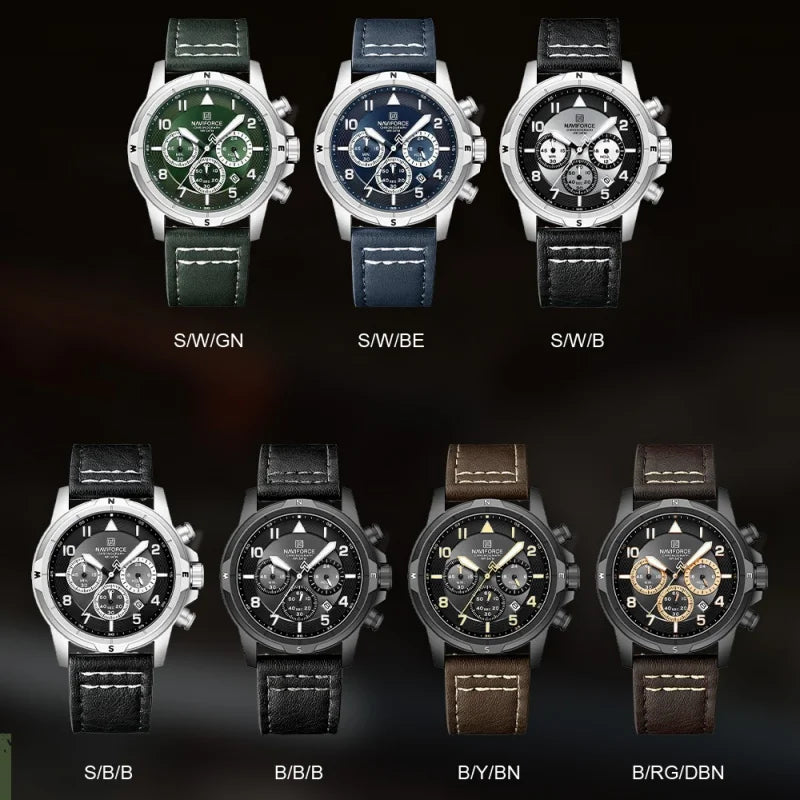 NAVIFORCE Bussiness Men Quartz Chronograph Watch 3ATM Waterproof Date Display Leather Strap Fashion Wristwatch Package Gifts