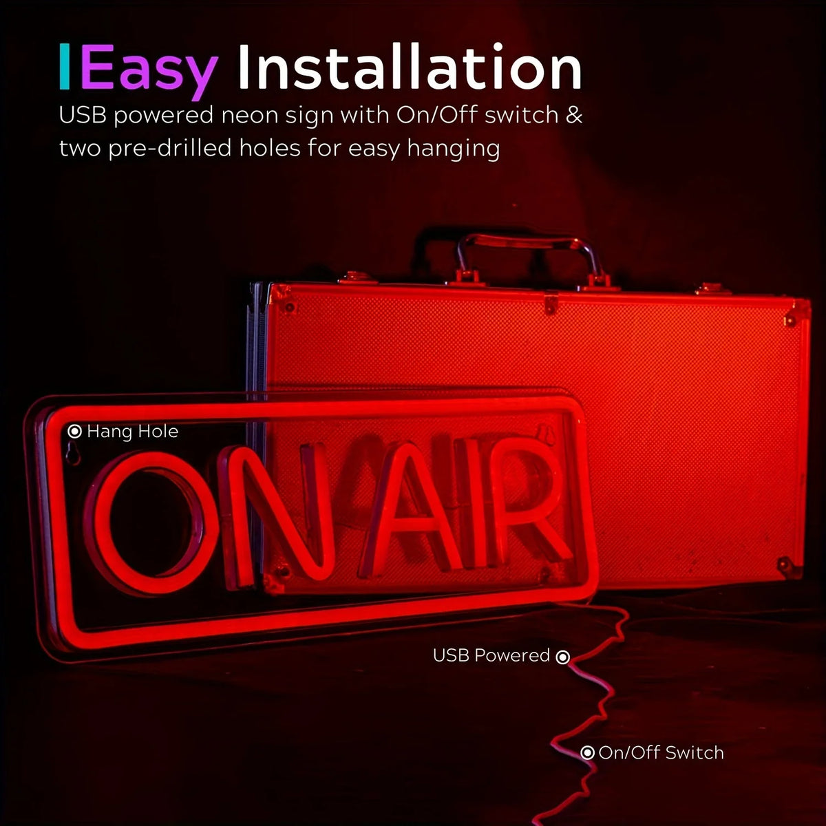 Cartel LED neón ON AIR rojo con interruptor de encendido/apagado y alimentación USB
