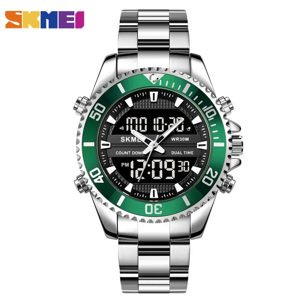 Reloj SKMEI con alarma para hombre, resistente al agua, de acero inoxidable, con doble pantalla, reloj digital de moda para caballero, modelo 1850
