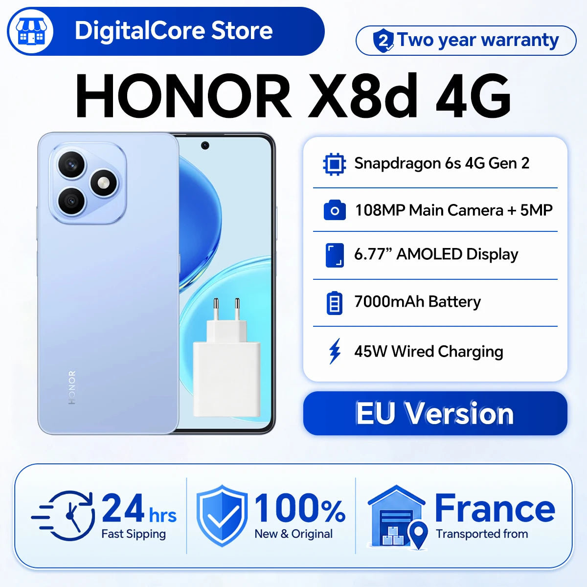 Smartphone HONOR X8d versión UE, Snapdragon 6s 4G Gen 2, pantalla AMOLED de 6,77", batería de 7000 mAh, carga superrápida de 45 W, cámara principal de alta definición de 108 MP, IP65
