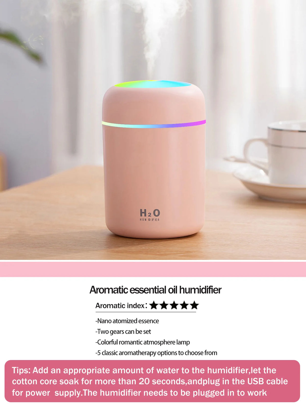 Difusor de aromaterapia de 300ml, humidificador, purificador de aire, uso doméstico en el coche, aceite esencial de aromaterapia con luz de siete colores