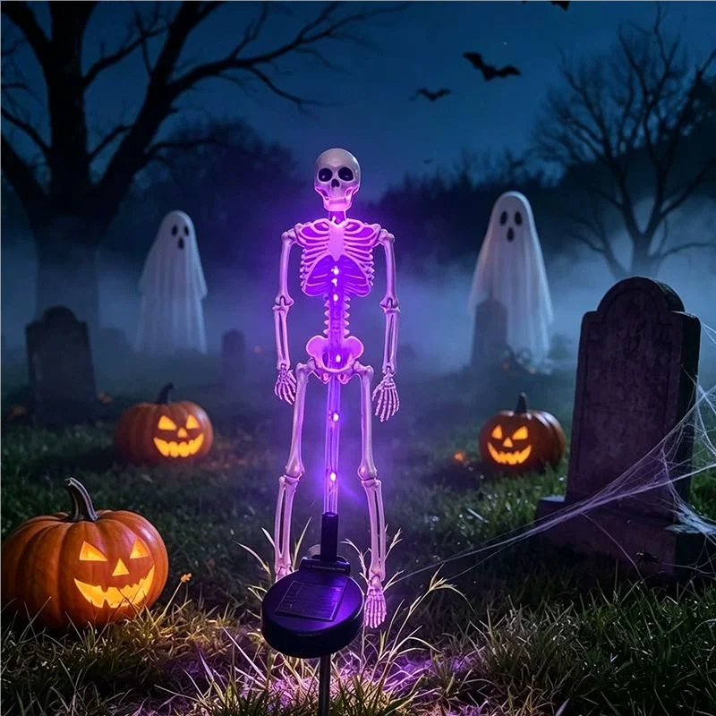 1 pieza de luces solares de esqueleto para jardín, luces LED impermeables para exteriores de color morado y naranja, luces con estaca para patio, camino, fiesta y decoración de terror