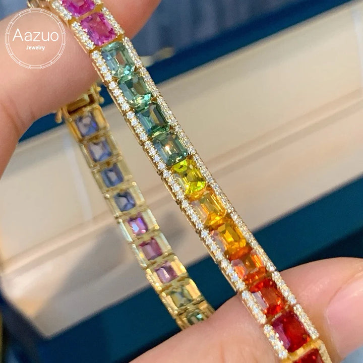 Aazuo Pulsera de lujo de oro amarillo de 18 quilates con zafiro de color natural y diamantes reales para mujer, pulsera de arcoíris para fiesta de compromiso de alta gama