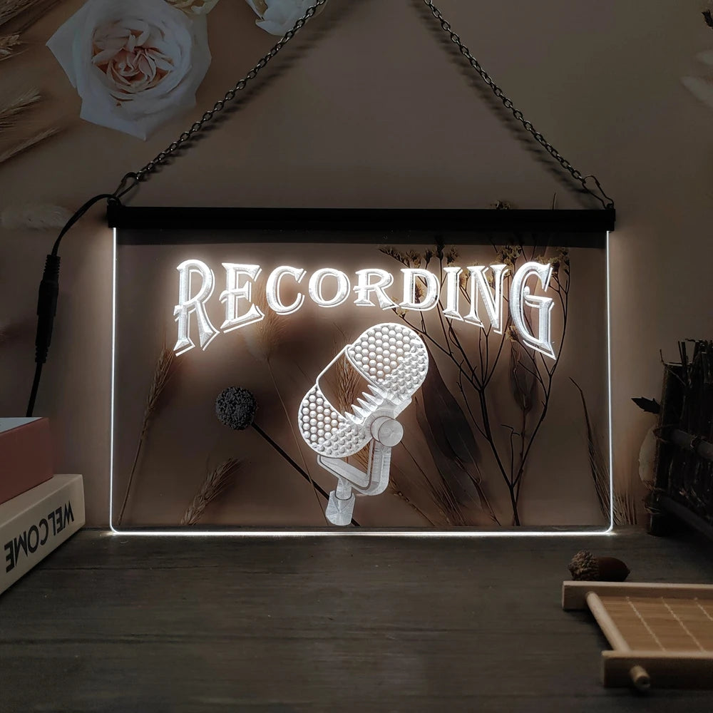Letrero de neón LED rectangular colgante con texto «RECORDING» y micrófono, luz blanca