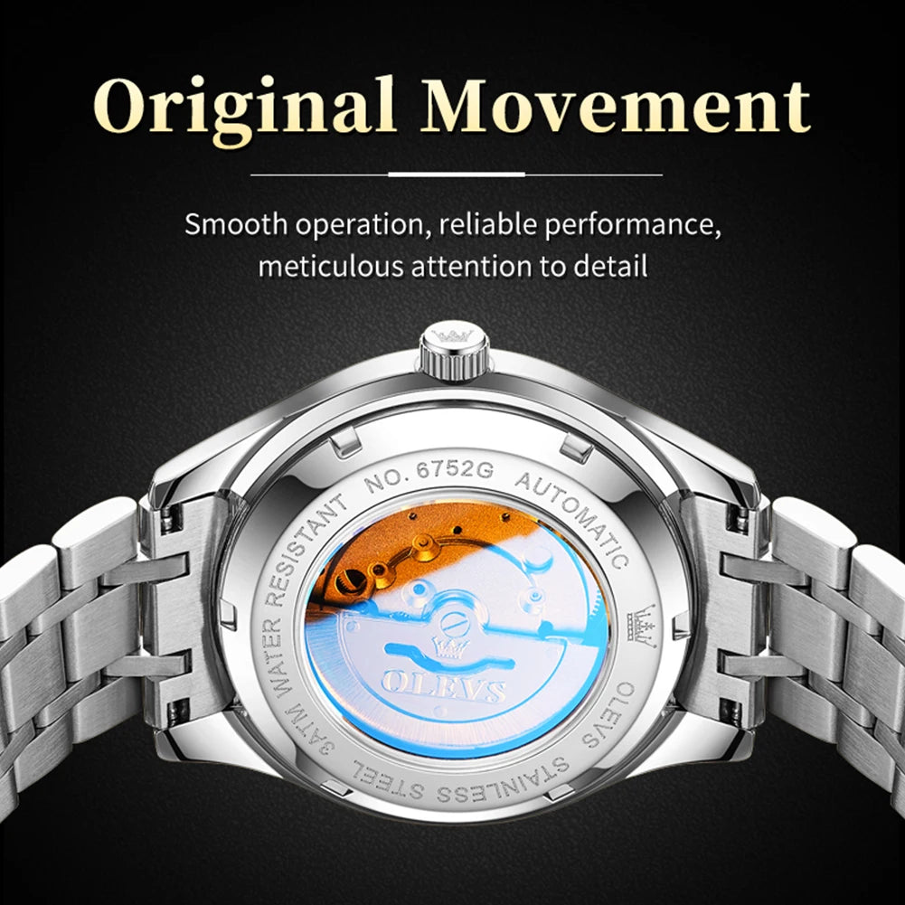 Reloj original de la marca OLEVS 6752 para hombre, reloj mecánico sencillo de lujo con correa de acero y caja de regalo.