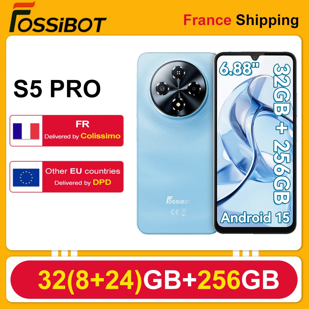 Smartphone Fossibot 32(8+24)GB+256GB [S5 PRO] 6.88" HD+, Android 15, 6000mAh, 120Hz, OTG, 50MP, huella dactilar lateral, elegante y portátil