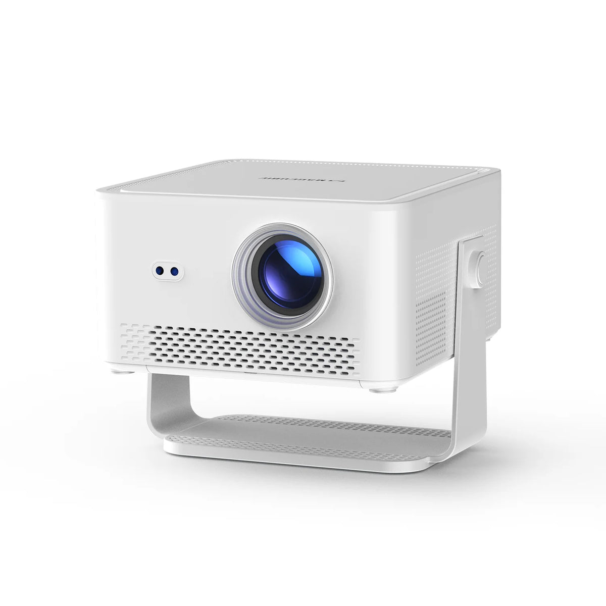 Proyector portátil blanco con lente azul, carcasa cuadrada y rejilla frontal de altavoz.