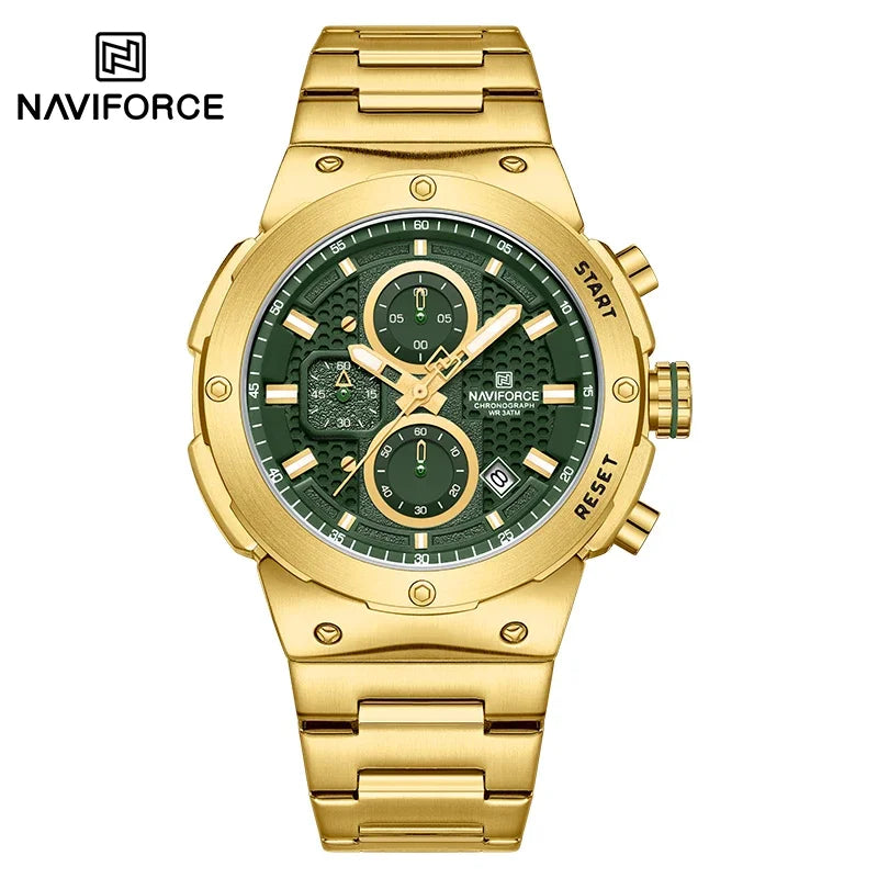 Reloj NAVIFORCE de lujo para hombre, con cronógrafo de cuarzo, luminoso, calendario, resistente al agua, de acero inoxidable, estilo deportivo y militar.