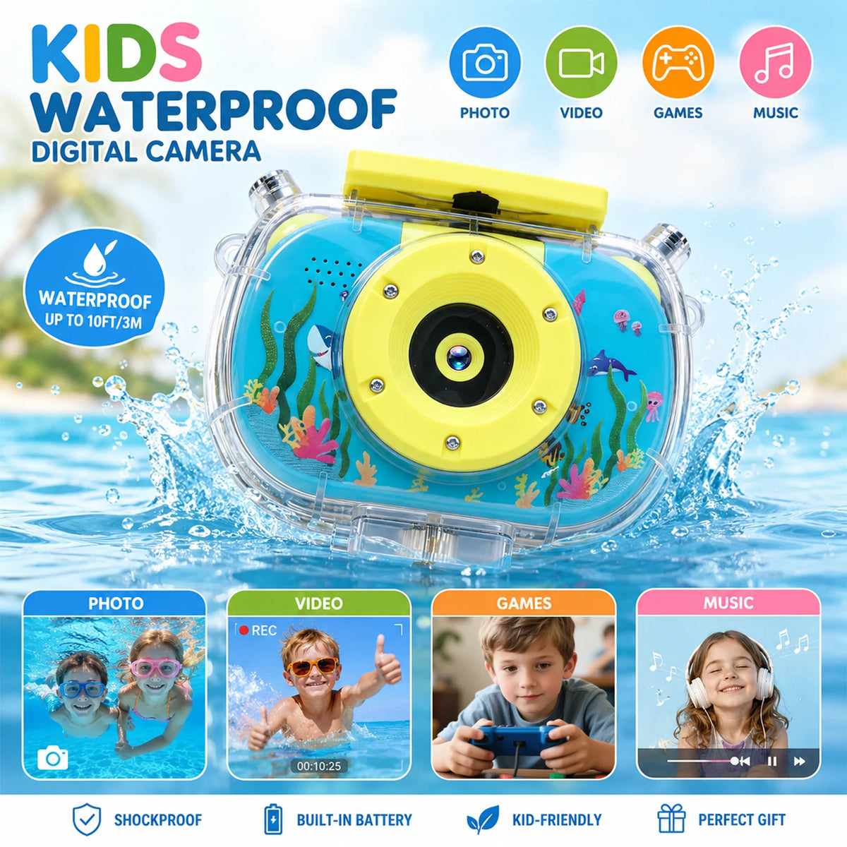 Cámara Sumergible para Niños, Digital 1080P con Zoom Digital 10X, Pantalla Fácil de Usar para Niños, Fotografía Digital a Prueba de Agua