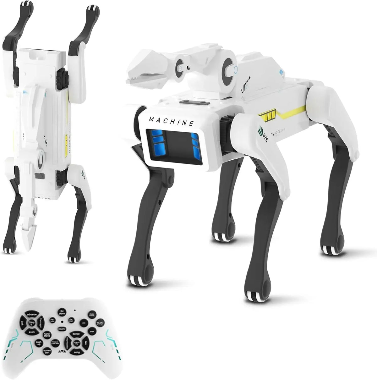 Perro robot RC blanco y negro con pantalla azul y control remoto, silueta completa