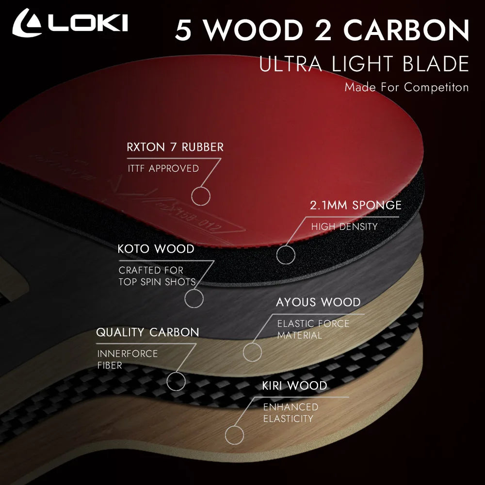 Raqueta de tenis de mesa LOKI de 9 estrellas, nuevo palo de paleta de Ping Pong profesional, goma adhesiva RXTON 7, 5 hojas de carbono de madera y 2