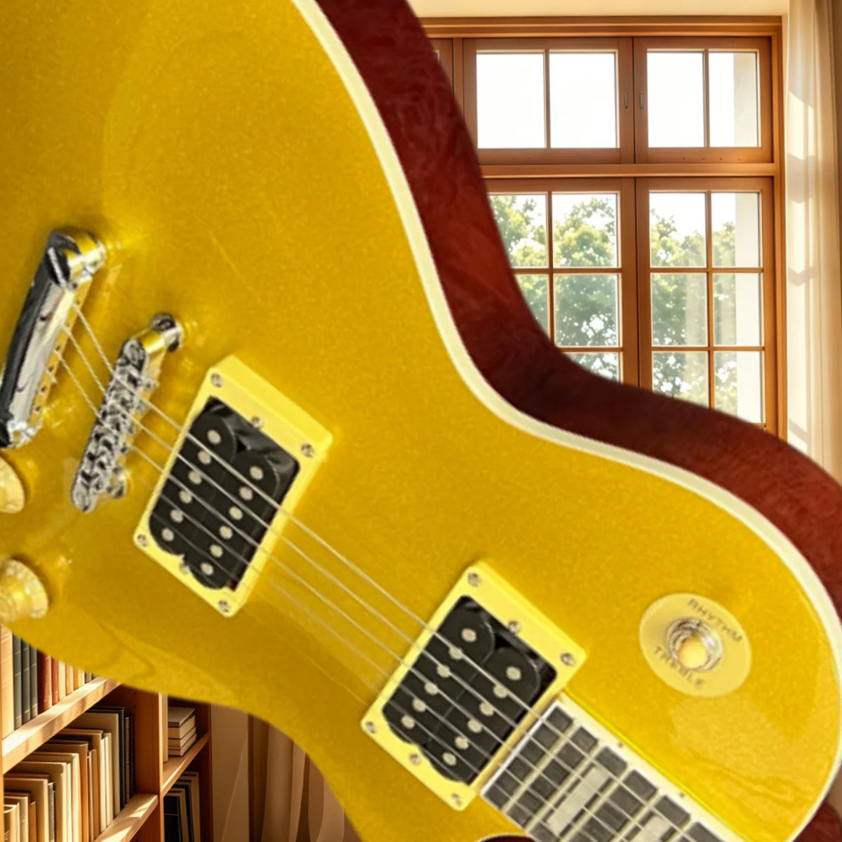 Guitarra de rock alemana para principiantes, lista para enviar, con puente fijo, acabado dorado, mástil de palisandro, pastillas HH, instrumento de cuerda de nivel básico para aficionados a la música.