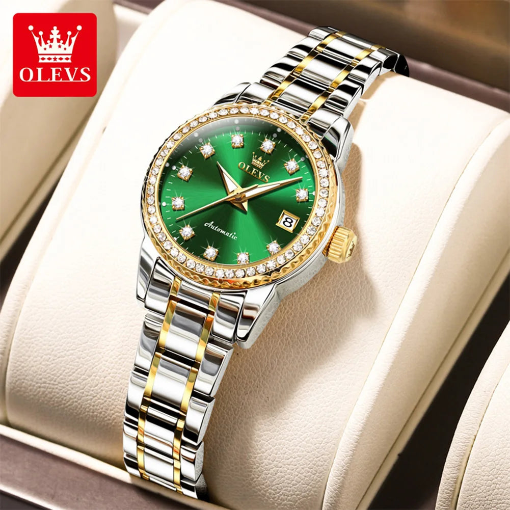 Reloj mecánico para mujer OLEVS 7003, elegante reloj de pulsera con esfera de diamantes de lujo, calendario, resistente al agua y luminoso
