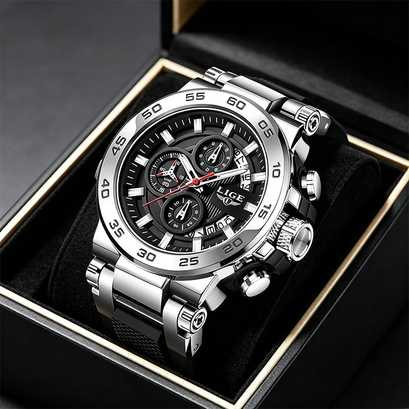Reloj militar para hombre LIGE 2026, de lujo, con correa de silicona, reloj deportivo de cuarzo, de marca superior, resistente al agua, con calendario y cronógrafo.