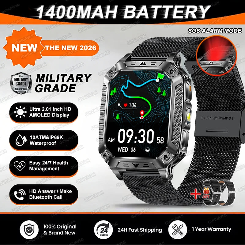 Reloj inteligente militar 2026 TANK, nuevo, 1400 mAh, GPS, pantalla AMOLED de 2.01", resistente al agua 10ATM, reloj, llamada SOS, linterna, para hombre, compatible con iOS