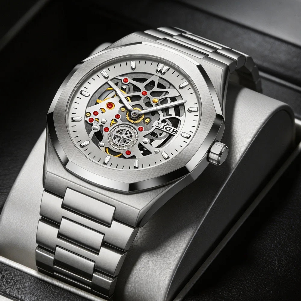 Reloj LIGE de lujo para hombre, diseño esqueleto automático, reloj de pulsera de cuarzo con esfera, impermeable, luminoso, con correa de acero para hombre