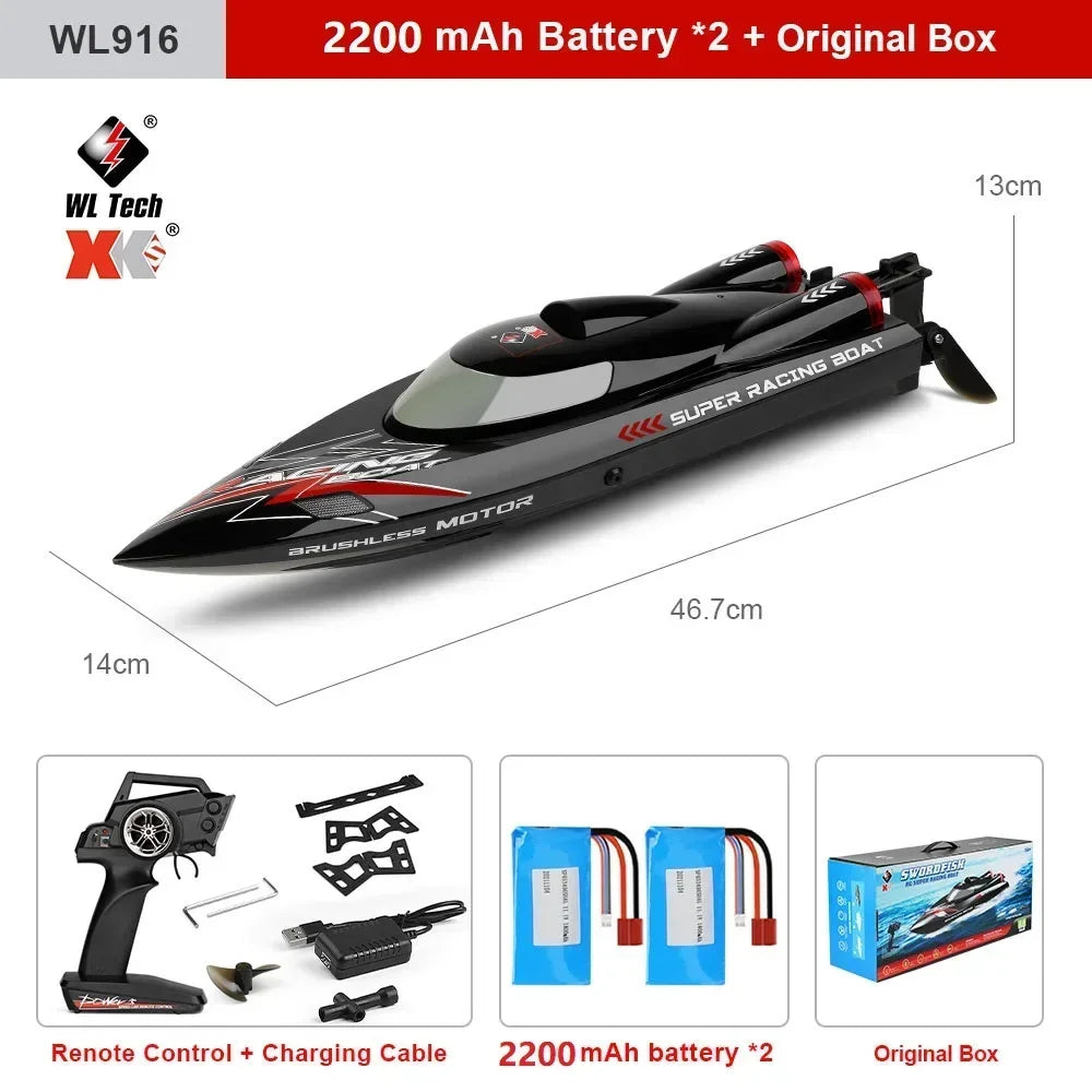 Lancha RC de alta velocidad WLtoys WL916, 2.4G, 55 KM/H, barco de carreras con motor sin escobillas, lancha rápida a control remoto, juguete para adultos con 2 baterías, modelo autoenderezable