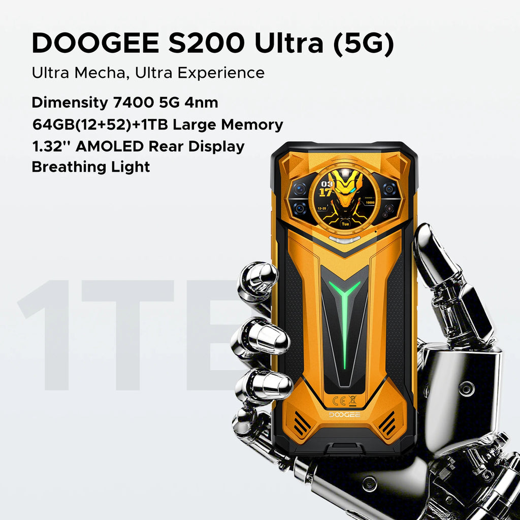 Smartphone ultrarresistente DOOGEE S200 Ultra 5G, Dimensity 7400, 64 GB de RAM (12+52) 1 TB de ROM, pantalla de 6,72'' a 120 Hz, batería de 11000 mAh, 66 W, NFC, Android 16