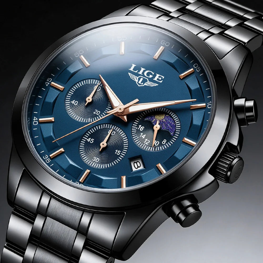 Reloj LIGE Original de Lujo de Cuarzo para Hombre, Luminoso, Resistente al Agua, con Fecha Automática y Cronógrafo + Caja