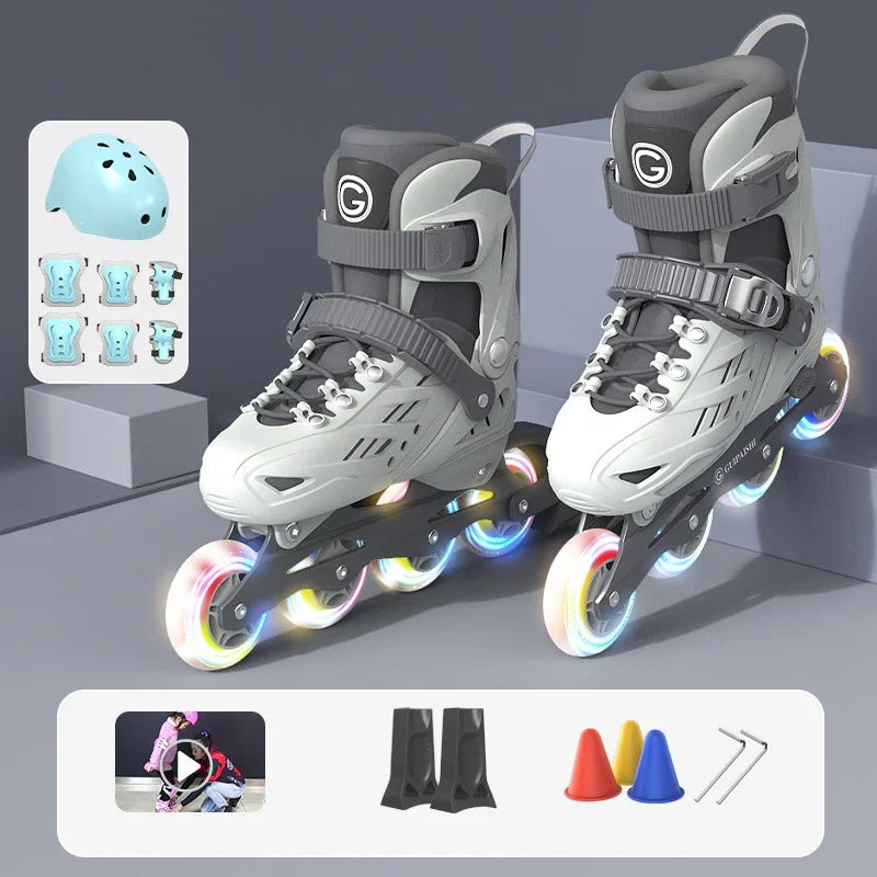 Patines en línea con casco, protectores de codo y rodilla, bolsa para zapatos, juego de 4 ruedas con luces, zapatillas para niños y niñas, patines ajustables.