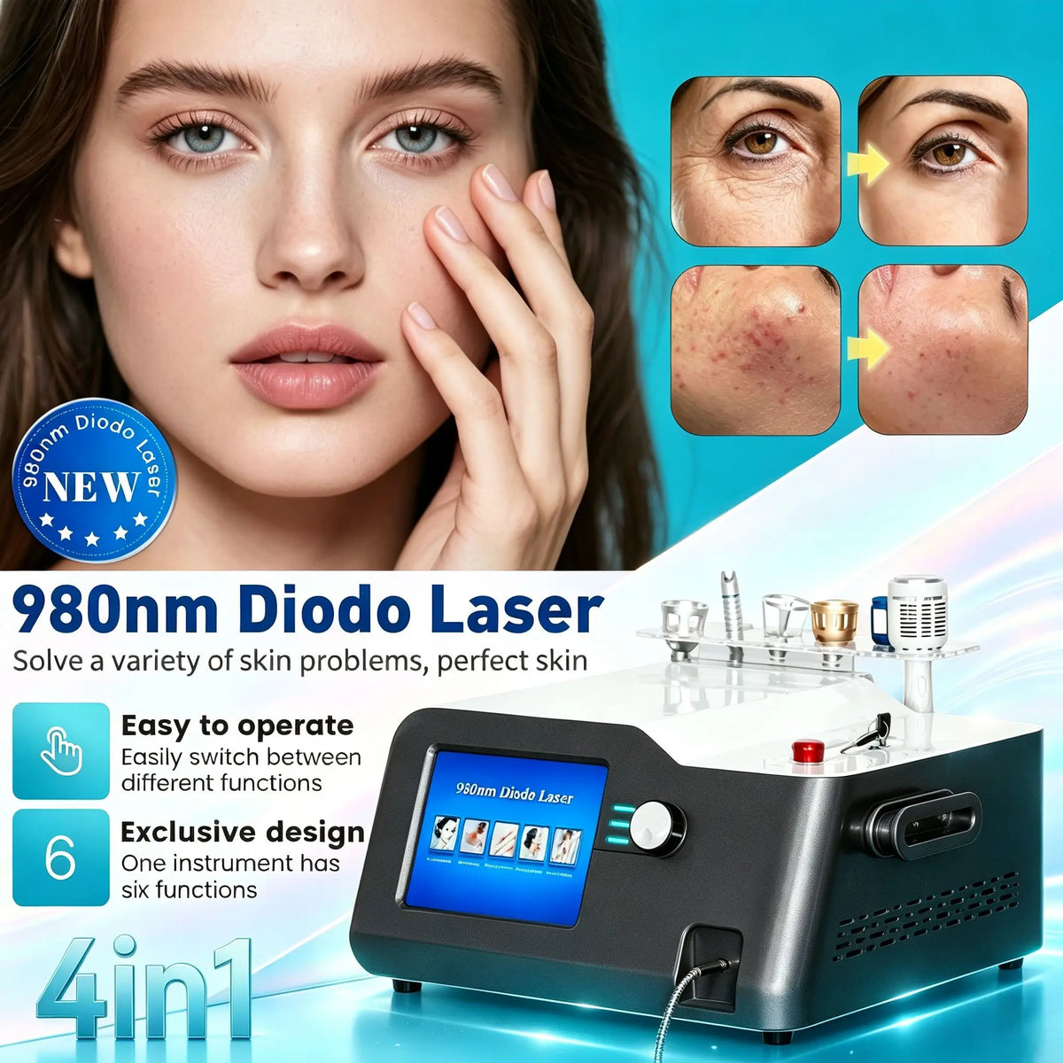 Máquina de Láser de Diodo 4 en 1 de 980 nm para Fisioterapia, Eliminación Vascular, Eliminación de Hongos en las Uñas, Rejuvenecimiento de la Piel, Uso en Salón