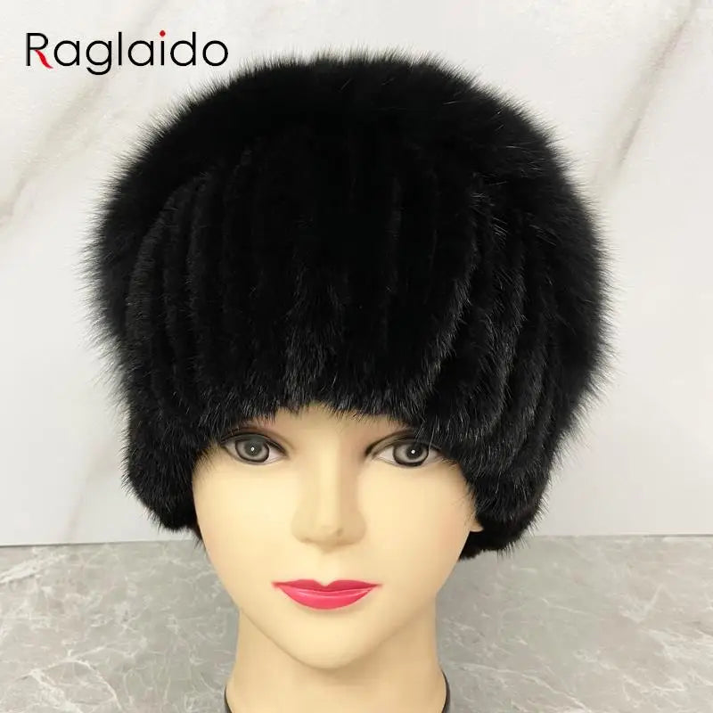 Sombrero de punto de piel de zorro de visón Natural con diamantes para mujer, gorros de invierno, gorro de nieve cálido para exteriores, elegante