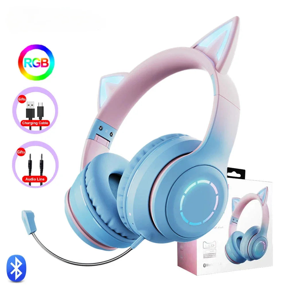 Nuevos Auriculares Bluetooth RGB de Diadema Más Vendidos, Color Degradado, LED Luminoso, Orejas de Gato, Auriculares Inalámbricos, Lindos Auriculares para Chicas