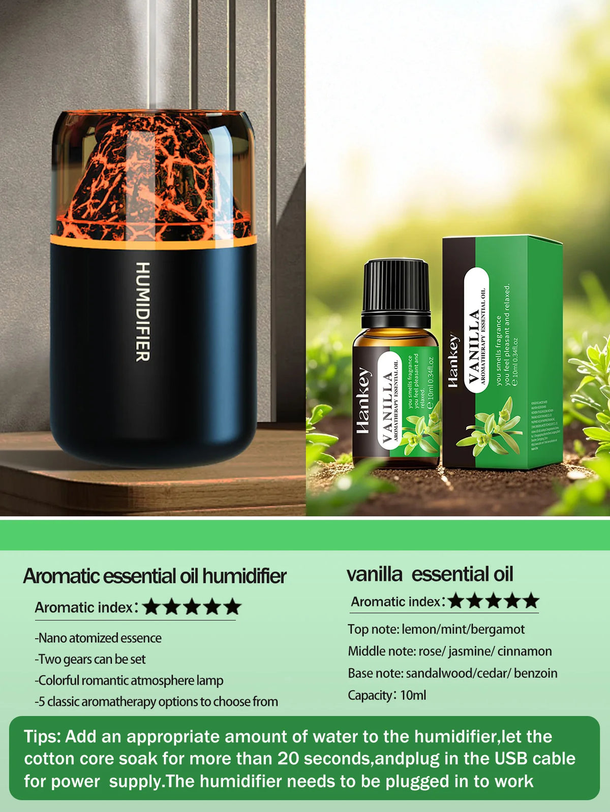 El difusor de aromaterapia USB humidificador con lámpara de color volcánico simulado es adecuado para usar en automóviles, hogares, dormitorios, como regalo,