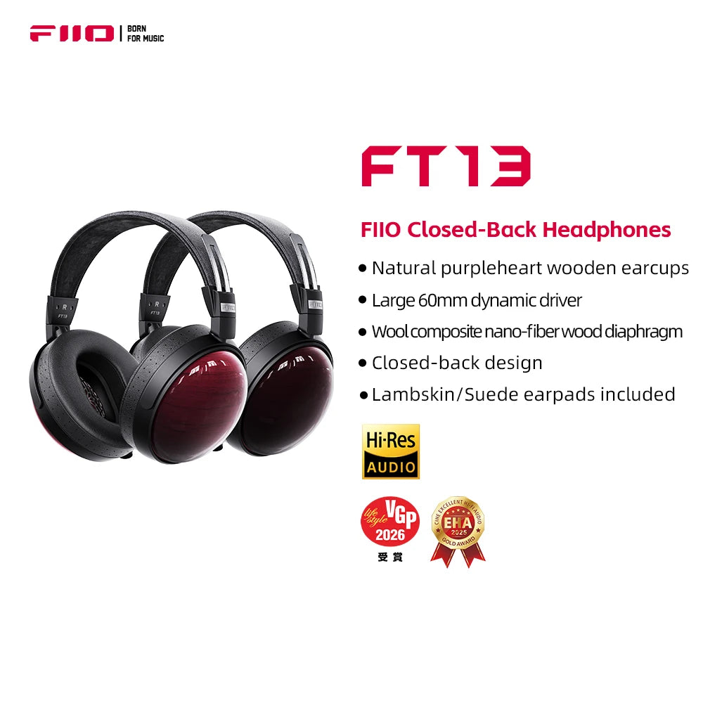 Auriculares cerrados con copas de madera morada y diadema negra, estilo FiiO
