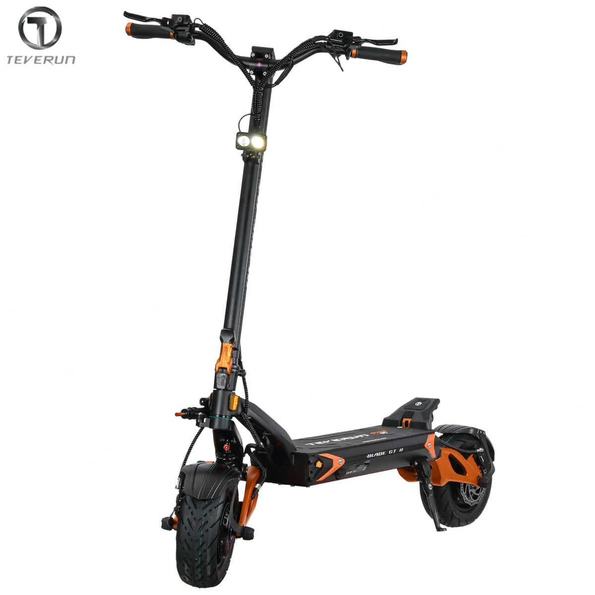 Patinete eléctrico plegable negro con plataforma ancha y rueda trasera, detalles naranjas