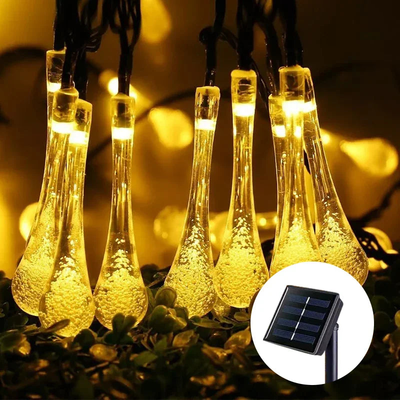 Guirnalda de luces solares con forma de gotas de agua de 5-12 m, luces decorativas impermeables para exteriores, luces de hadas para Navidad, bodas, fiestas y jardines