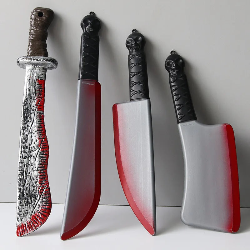 Cuchillo sangriento de Halloween, decoración de fiesta DIY, cuchillo de cocina de plástico afilado, accesorios de simulación, cuchillo curvo, accesorios de Halloween.