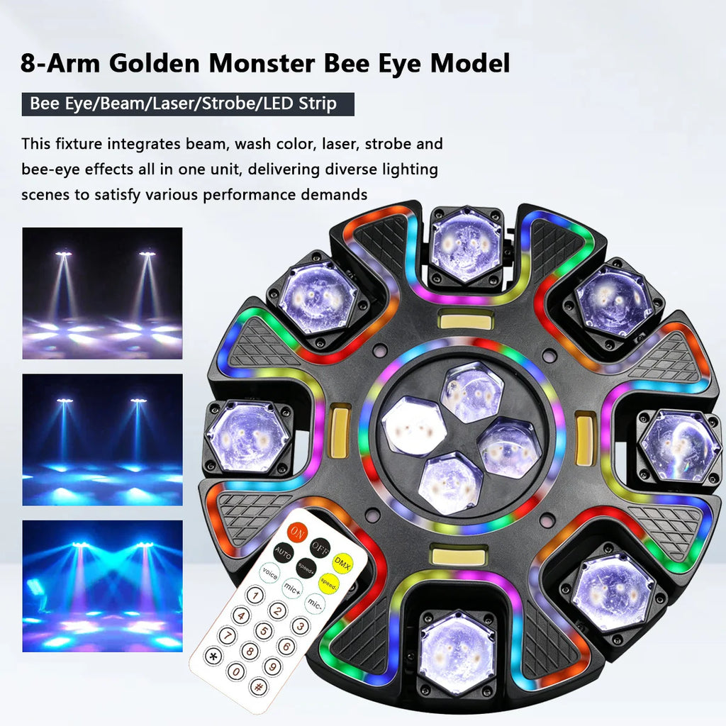 Luz Móvil de 8 Brazos con Efecto Ojo de Abeja de 240W, Combinación de Haz, Láser y Estroboscópico, Control por Sonido/Remoto, para Bares/KTV/Fiestas