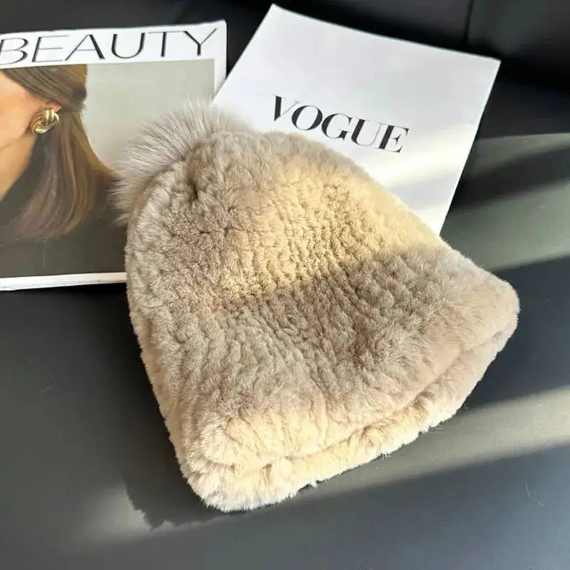Gorro de piel de conejo Real Rex para mujer, gorro de invierno de piel gruesa, gorro cálido con protección para los oídos, gorro de piel tejido a mano, gorros de piel natural para exteriores