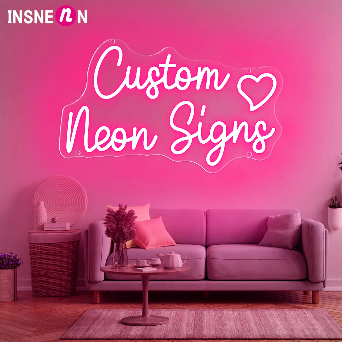 Letrero de neón LED personalizado rosa, con corazón y texto en cursiva.