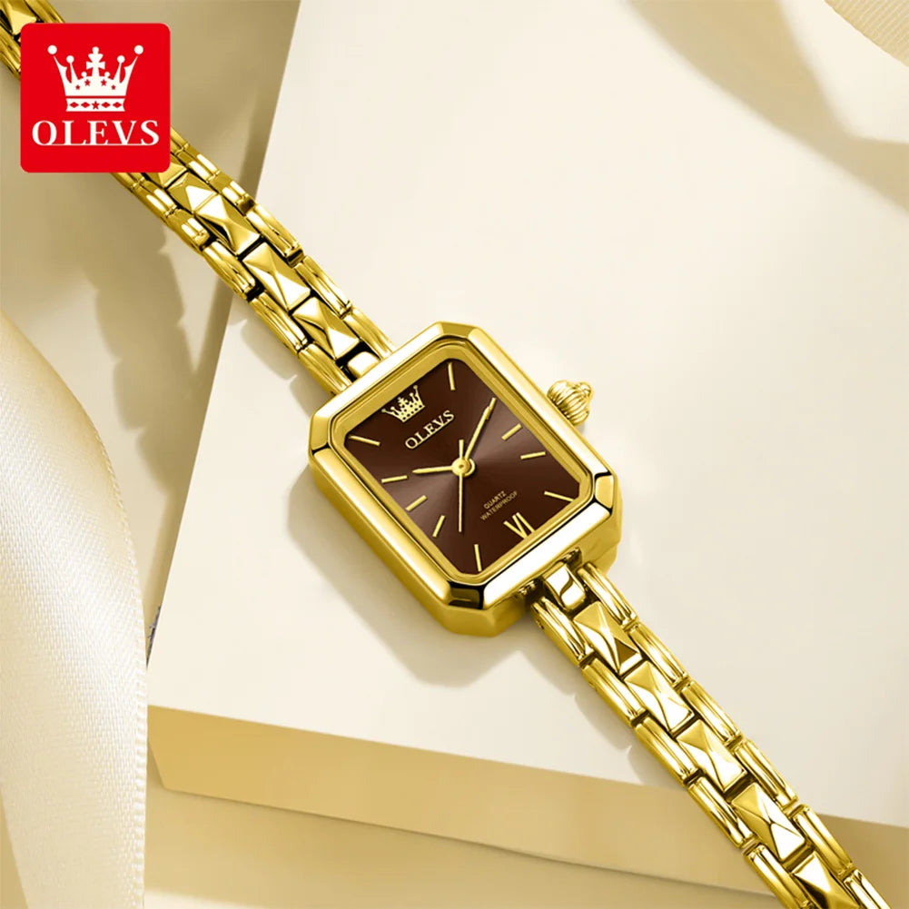 OLEVS Fashion Rectangle Women Watches Luxury Stainless Steel Gold Bracelet Analog Quartz Wristwatch For Ladies Clock Reloj Mujer