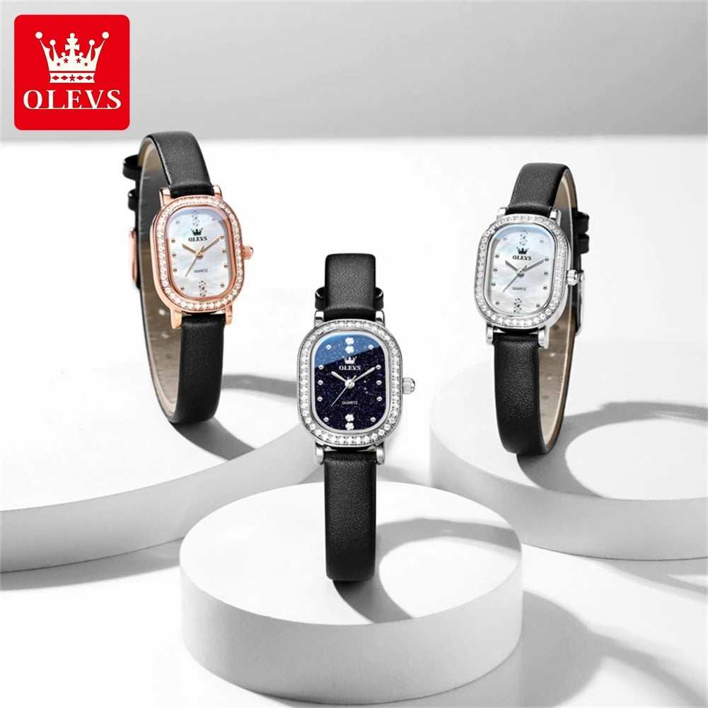 Reloj de pulsera para mujer OLEVS de lujo, diseño ovalado con bisel de cristal, cuarzo delgado, correa de piel y acero, elegante reloj multicolor 5697