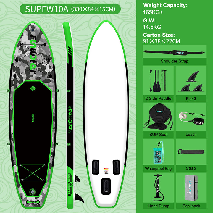 Tabla de SUP Inflable Funwater 335/350cm, Tecnología de Sellado Térmico, Kit Completo de Accesorios, Pala de Doble Punta, Stock Local en la UE