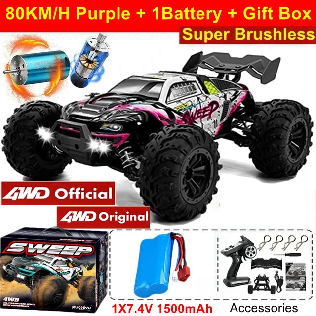 Camión RC 4x4 todoterreno morado con llantas negras y detalles brillantes, 1 batería.