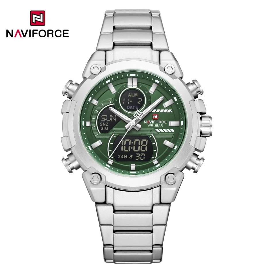 Nuevo reloj para hombre NAVIFORCE, resistente al agua, con cuenta regresiva, deportes, doble pantalla, reloj de pulsera de cuarzo, LCD, luminoso, alarma y reloj digital.