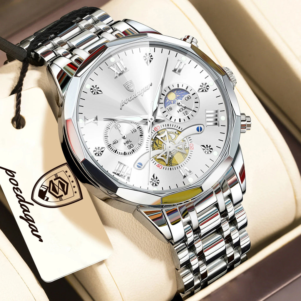 Reloj de pulsera para hombre POEDAGAR, cronógrafo de cuarzo, resistente al agua, luminoso, de acero inoxidable, estilo casual