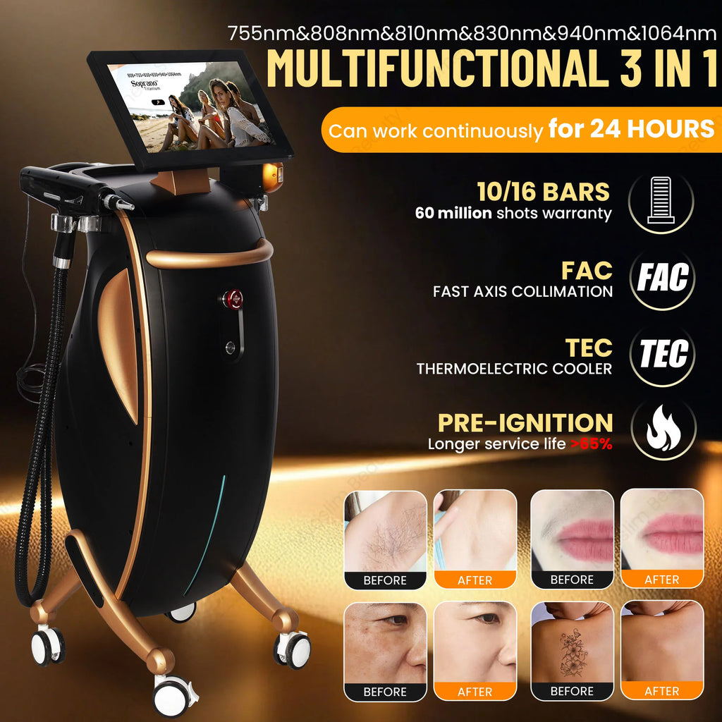 Máquina de Belleza Láser Multifuncional 3 en 1, Depilación Permanente con Diodo, Eliminación de Tatuajes con Picosegundos, Sistema de Análisis de Piel y Vello