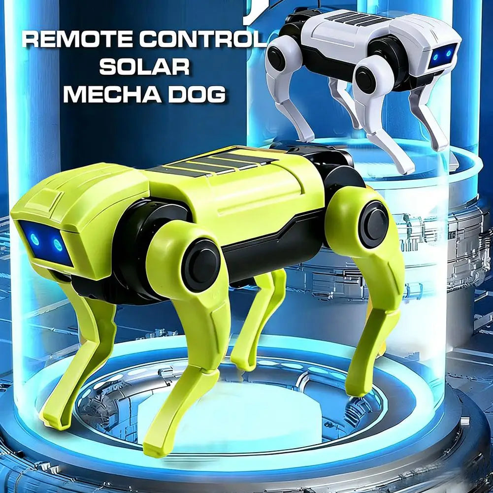 Perro robótico mecánico verde con ojos LED azules y patas articuladas