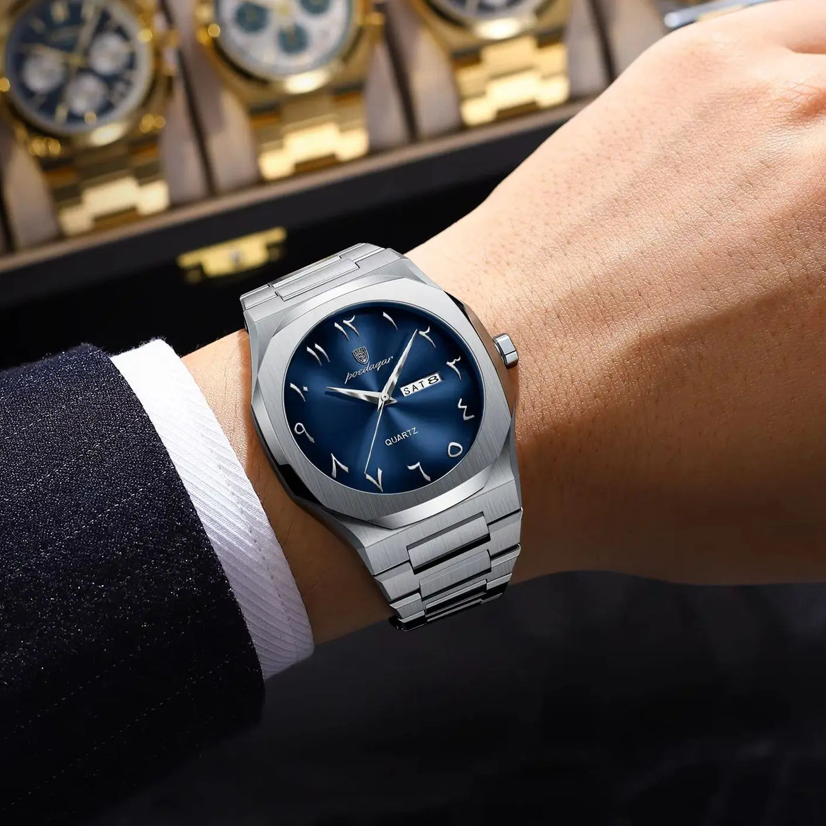 Reloj para hombre POEDAGAR original de cuarzo, resistente al agua, con fecha y día, estilo elegante, empresarial, de acero inoxidable